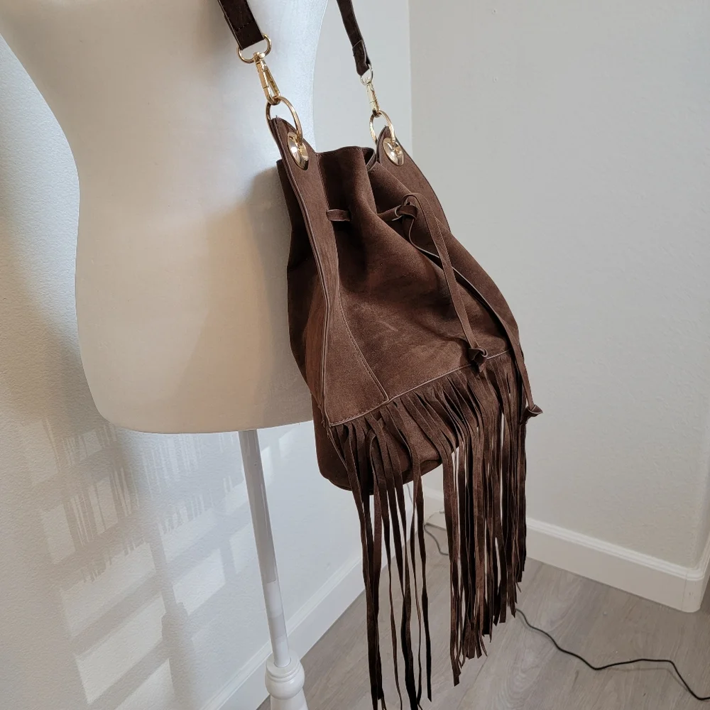 Boho Brown Faux Leather Crossbody Handbag Eith Fringe - Picture 4 of 6